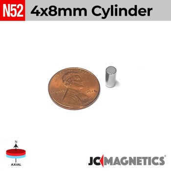 4mm x 8mm N52 Neodymium Cylinder Magnet - 5/32" x 5/16" Rod 4x8mm