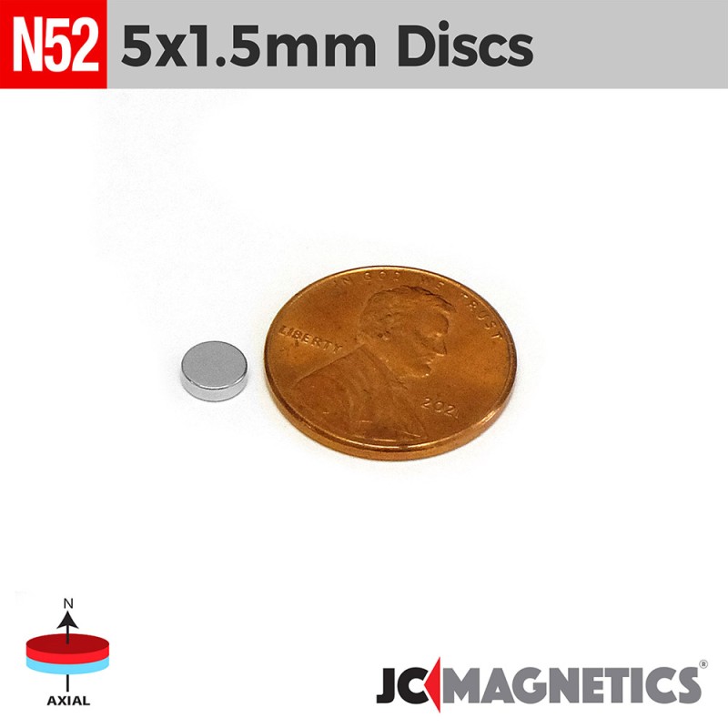 5mm x 1.5mm N52 Neodymium Disc Magnet - 13/64" x 1/16" Rare Earth 5x1.5mm 5mm x 1.5mm N52 Neodymium Disc Magnet - 13/64" x 1/16" Rare Earth 5x1.5mm