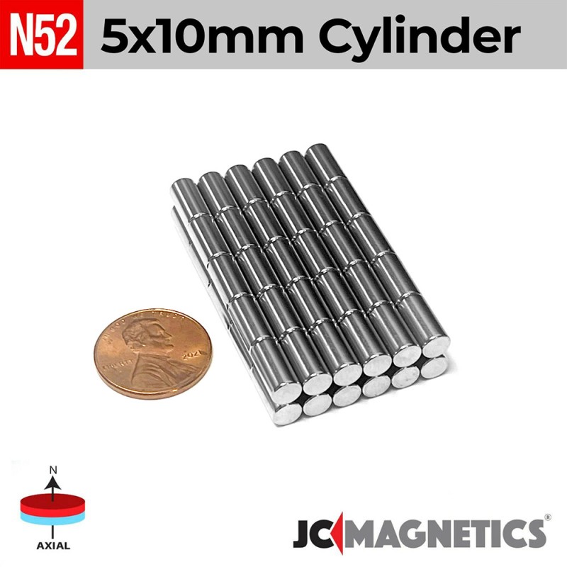 5mm x 10mm N52 Neodymium Cylinder Magnet - 13/64" x 25/64" Rod 5x10mm