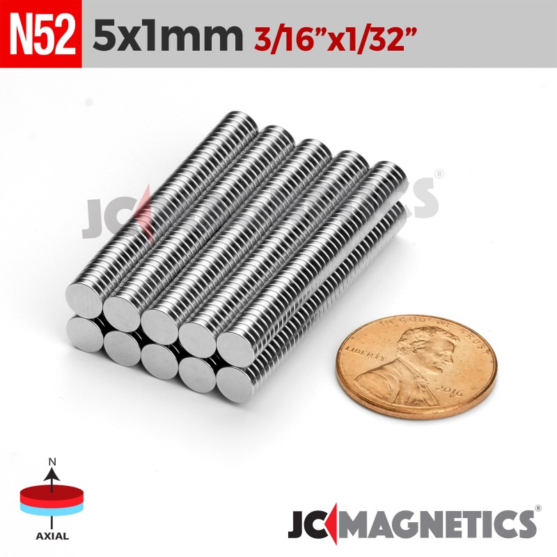 5mm x 1mm N52 Neodymium Disc Magnet - 13/64" x 1/32" Thin Disc 5x1mm