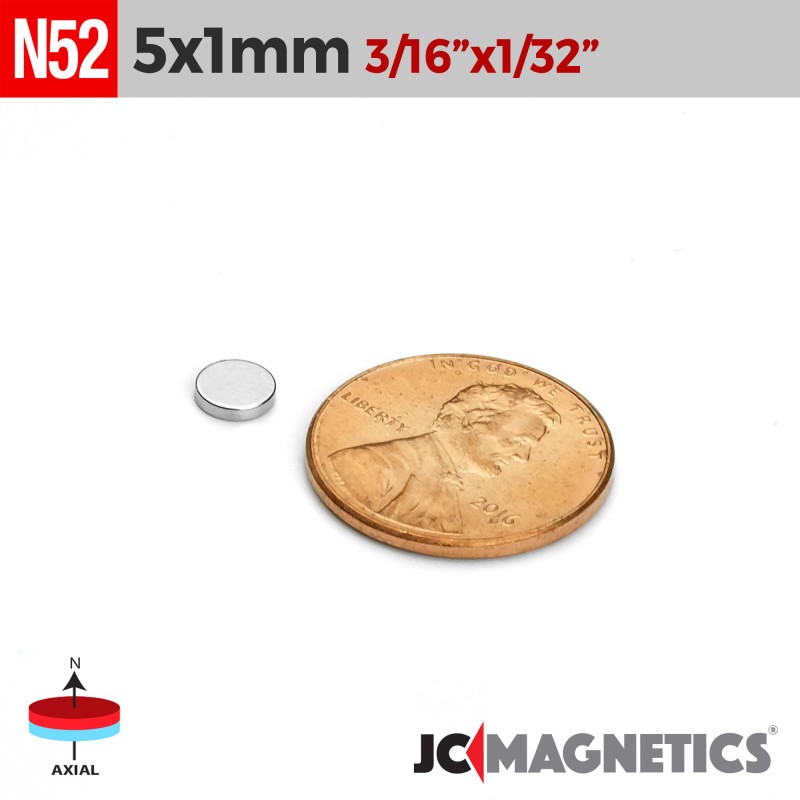 5mm x 1mm N52 Neodymium Disc Magnet - 13/64" x 1/32" Thin Disc 5x1mm