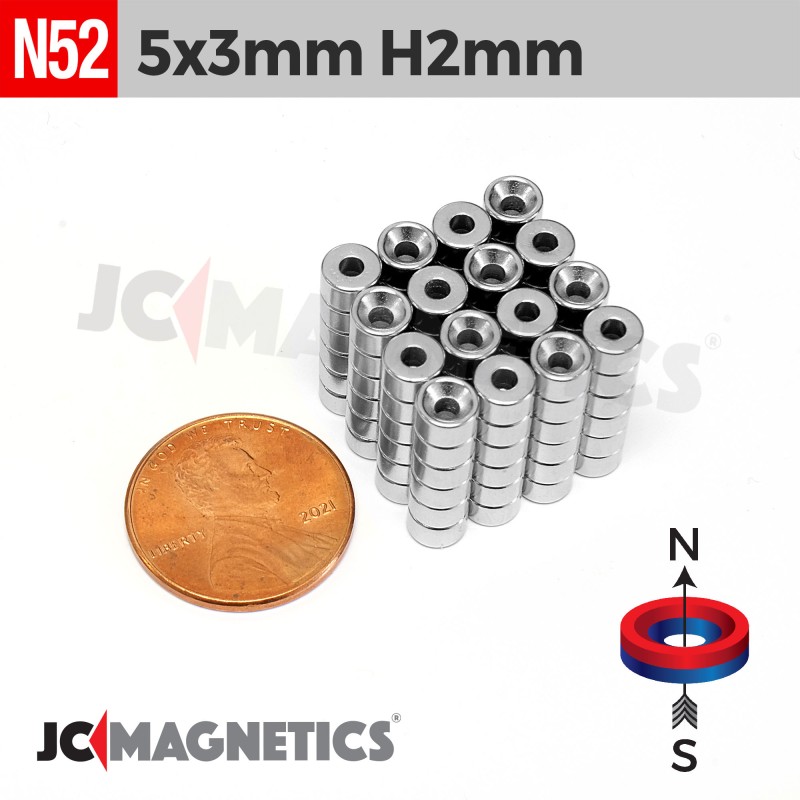 5mm x 3mm Hole 2mm N52 Countersunk Ring Rare Earth Neodymium Magnet 5x3mm H2mm