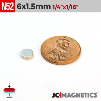 6mm x 1.5mm N52 Neodymium Disc Magnet - 15/64" x 1/16" Rare Earth 6x1.5mm 6mm x 1.5mm N52 Neodymium Disc Magnet - 15/64" x 1/16" Rare Earth 6x1.5mm