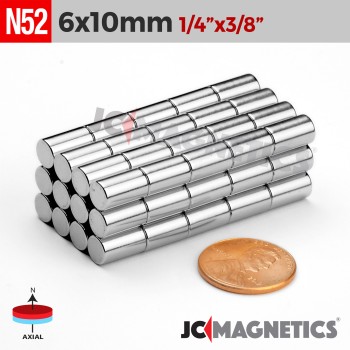 6mm x 10mm N52 Neodymium Cylinder Magnet - 15/64" x 25/64" Rod 6x10mm