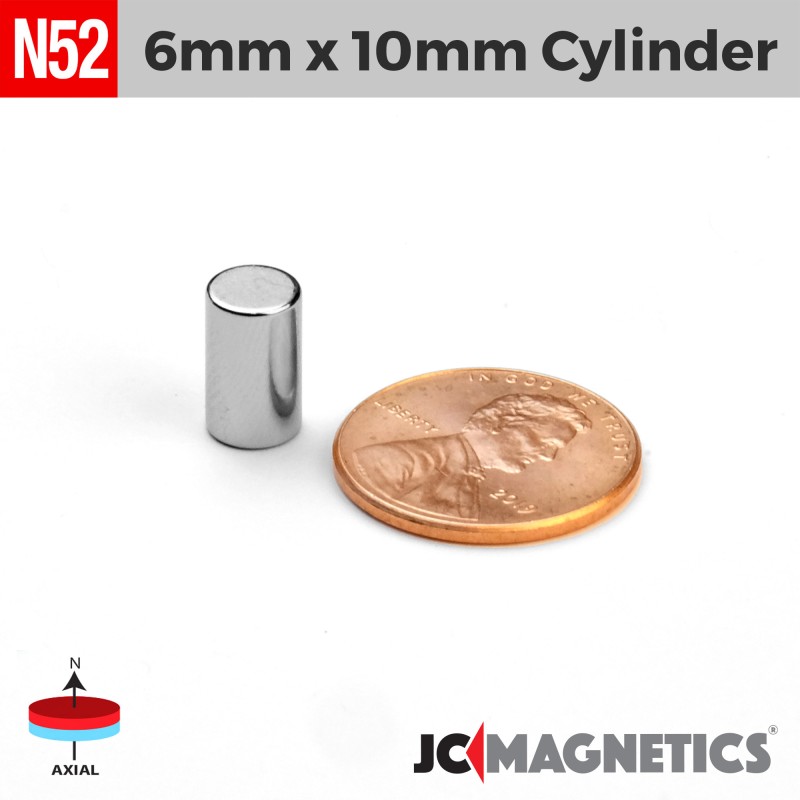 6mm x 10mm N52 Neodymium Cylinder Magnet - 15/64" x 25/64" Rod 6x10mm