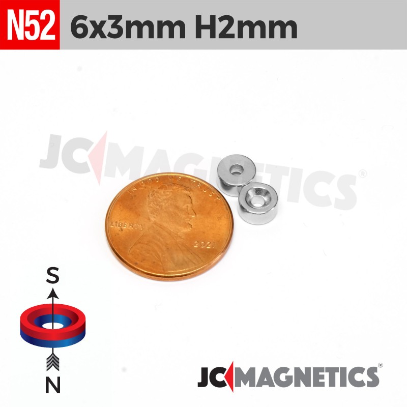 6mm x 3mm Hole 2mm N52 Countersunk Ring Rare Earth Neodymium Magnet 6x3mm H2mm