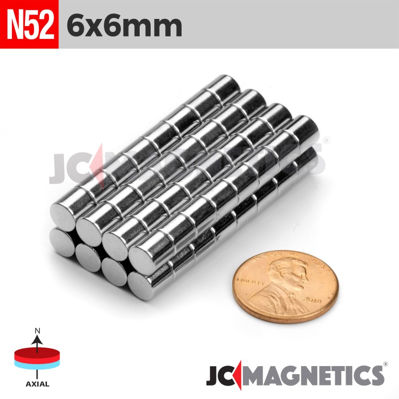 6mm x 6mm N52 Neodymium Cylinder Magnet - 15/64" Square Profile 6x6mm