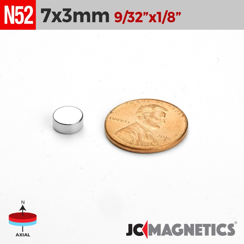 7mm x 3mm 9/32in x 1/8in N52 Discs Rare Earth Neodymium Magnet 7x3mm