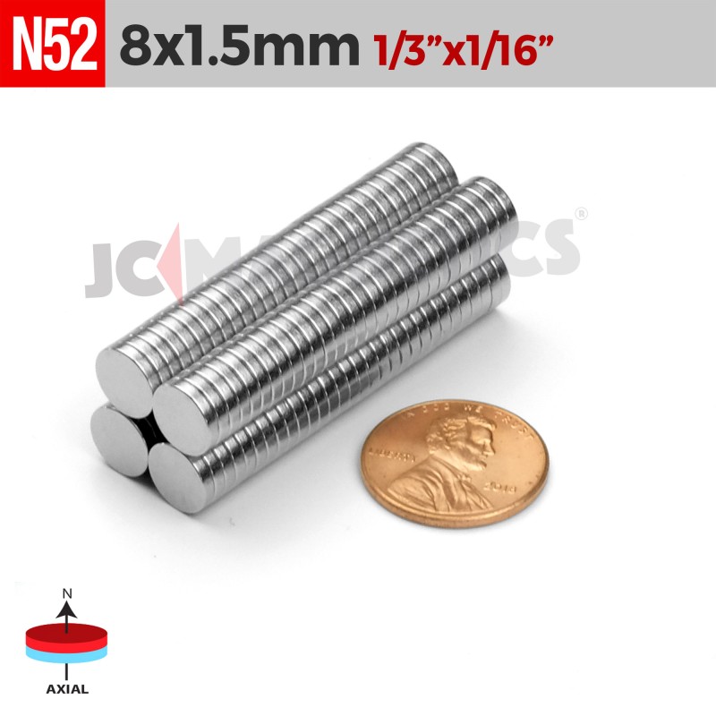 8mm x 1.5mm 5/16in  x 1/16in N52 Discs Rare Earth Neodymium Magnet 8x1.5mm