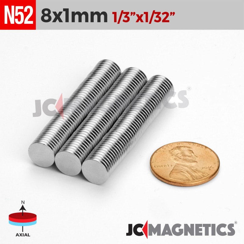 8mm x 1mm 5/16in x 1/32in N52 Thin Discs Rare Earth Neodymium Magnet 8x1mm 8mm x 1mm 5/16in x 1/32in N52 Thin Discs Rare Earth Neodymium Magnet 8x1mm
