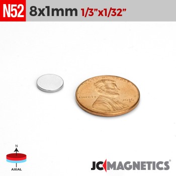 8mm x 1mm 5/16in x 1/32in N52 Thin Discs Rare Earth Neodymium Magnet 8x1mm 8mm x 1mm 5/16in x 1/32in N52 Thin Discs Rare Earth Neodymium Magnet 8x1mm
