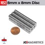 8mm x 8mm N52 Neodymium Cylinder Magnet - 5/16" Square Profile 8x8mm