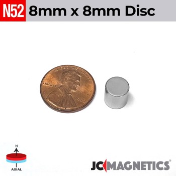 8mm x 8mm N52 Neodymium Cylinder Magnet - 5/16" Square Profile 8x8mm