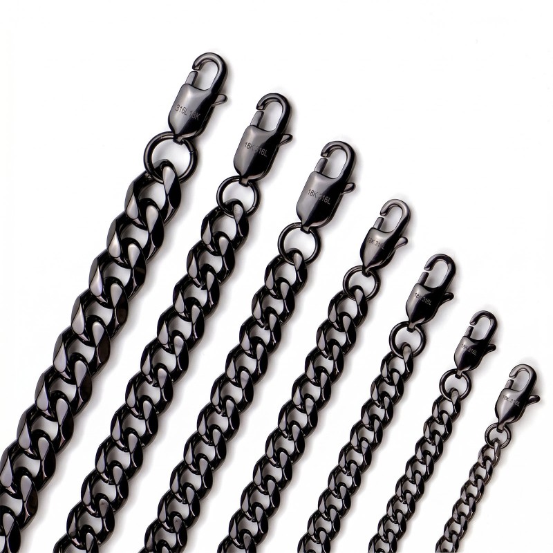 Black Beveled Cuban Link Chain Necklace – Stainless Steel (3–10mm)