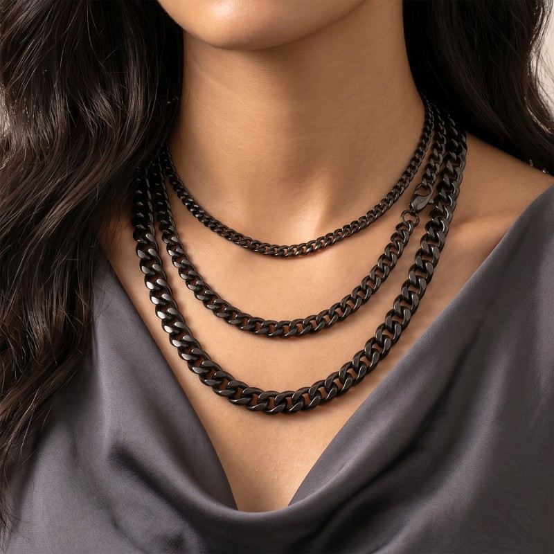 Black Beveled Cuban Link Chain Necklace – Stainless Steel (3–10mm)