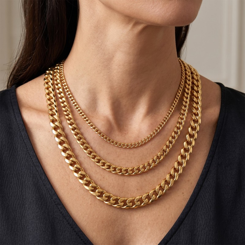 Beveled Cuban Link Chain Necklace – 18K Gold Plated Stainless Steel (3–10mm)