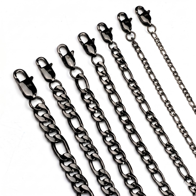 Figaro Chain Necklace & Bracelet – Black Anodized 316L Stainless Steel (4–10mm)