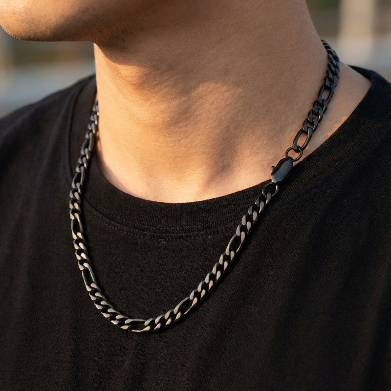 Figaro Chain Necklace & Bracelet – Black Anodized 316L Stainless Steel (4–10mm)