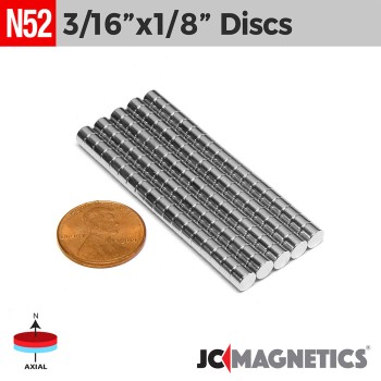 3/16in x 1/8in N52 Discs Rare Earth Neodymium Magnet