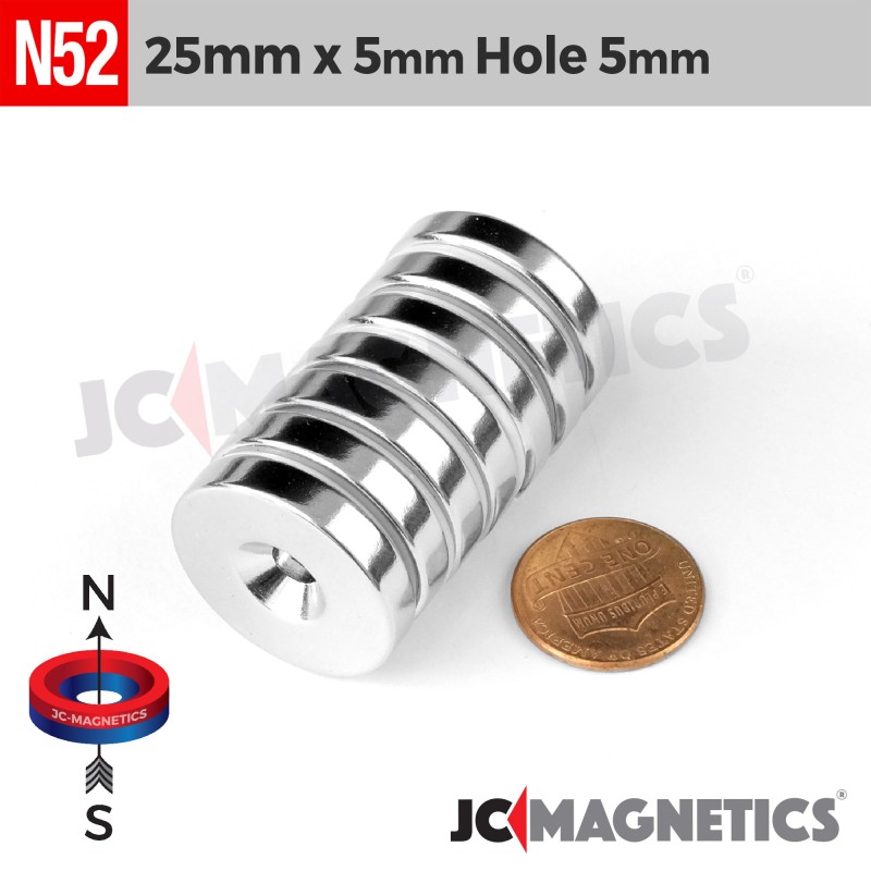25mm x 5mm x Hole 5mm N52 Countersunk Ring Rare Earth Neodymium Magnet 25x5mm H5mm