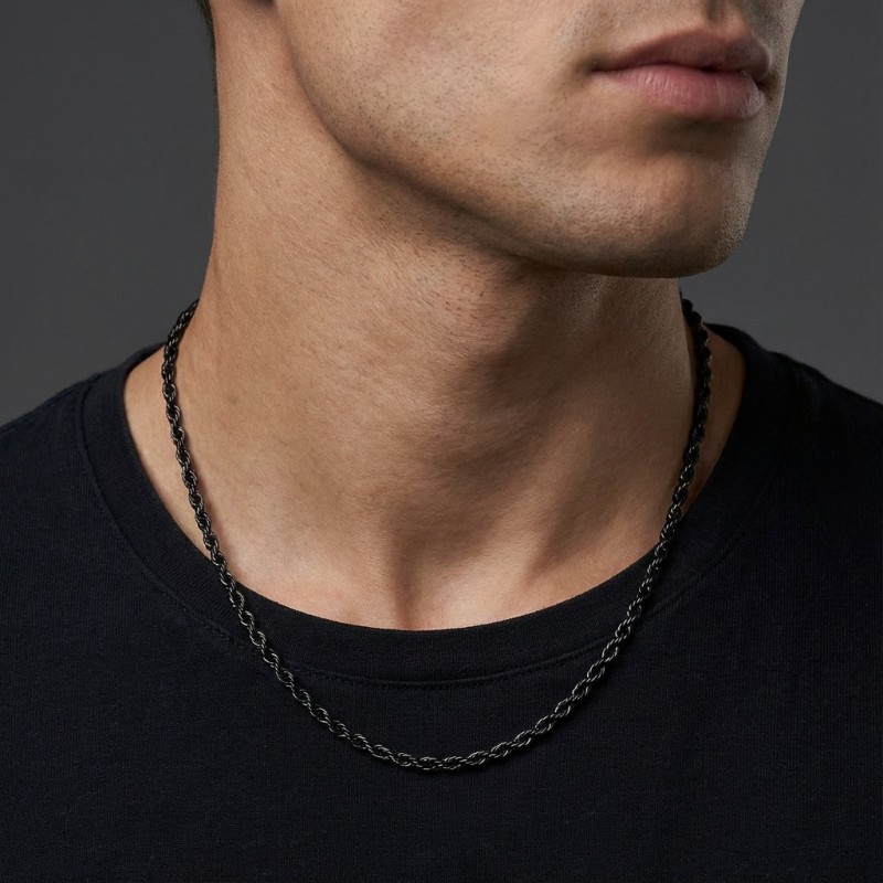 Black Rope Chain Necklace – 316L Stainless Steel (2–4mm)