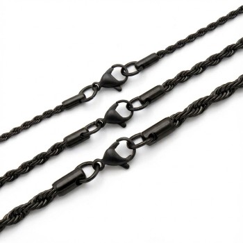 Black Rope Chain Necklace – 316L Stainless Steel (2–4mm)