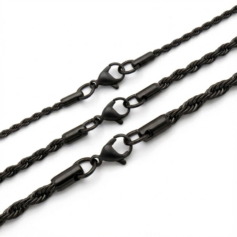 Black Rope Chain Necklace – 316L Stainless Steel (2–4mm)