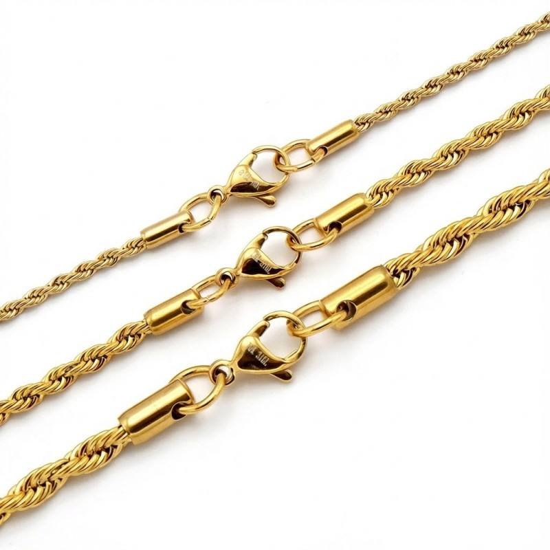 Rope Chain Necklace, Bracelet & Anklet – 18K Gold Plated 316L Stainless Steel (2–4mm)