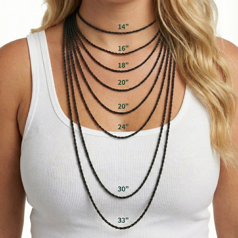 Black Rope Chain Necklace – 316L Stainless Steel (2–4mm)