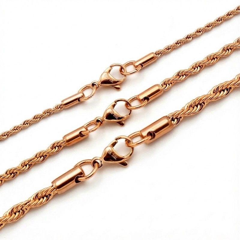 Rose Gold Rope Chain Necklace – 316L Stainless Steel (2–4mm)